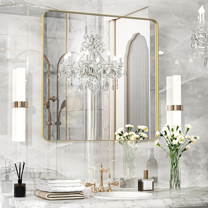 Fun Memories Gold Bathroom Mirror 30X30 Inch Bathroom Vanity Mirror, Metal Gold Frame Large Mirror, Modern Wall Mirror for Bathroom, Tempered Glass, Farmhouse Mirror, Horizontally or Vertically