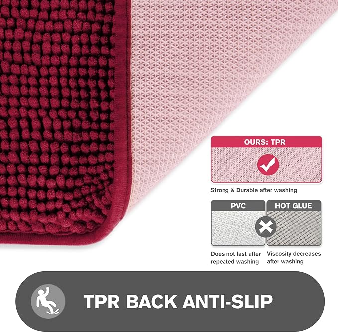Vivid Burgundy Bathroom Rugs – Absorbent and Washable Bath Mat, Non-Slip, Thick Soft Chenille Bath Rugs for Bathroom Floor, Shower, Sink - 20" x 32"