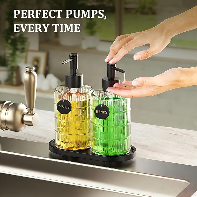 MASADI Soap Dispenser Set with Bamboo Tray, Dish and Hand Soap Lotion Dispenser Set with Wooden Pump for Kitchen and Bathroom Decor for Counter, Modern Vintage Liquid Soap Dispensers (Clear&Black)