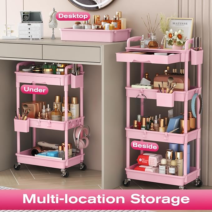 Goovilla Rolling Makeup Organizer Cart with Removable Drawer, 4 Tier Pink | Stable Floor Skincare Storage Cart for Vanity, Cosmetic Display, Nail Polish, Perfume, Hair Stuff, Beauty, Bathroom(Plastic)