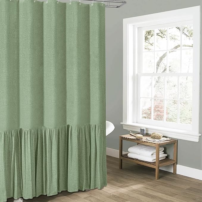 Long Linen Ruffle Modern Farmhouse Cloth Shower Curtain, 72x78, Green | Ruffle Hem, Heavy Duty Fabric, 12 Hooks, Elegant Drape, Shabby Chic Style, Bathroom Decor, Machine Washable, Easy To Install