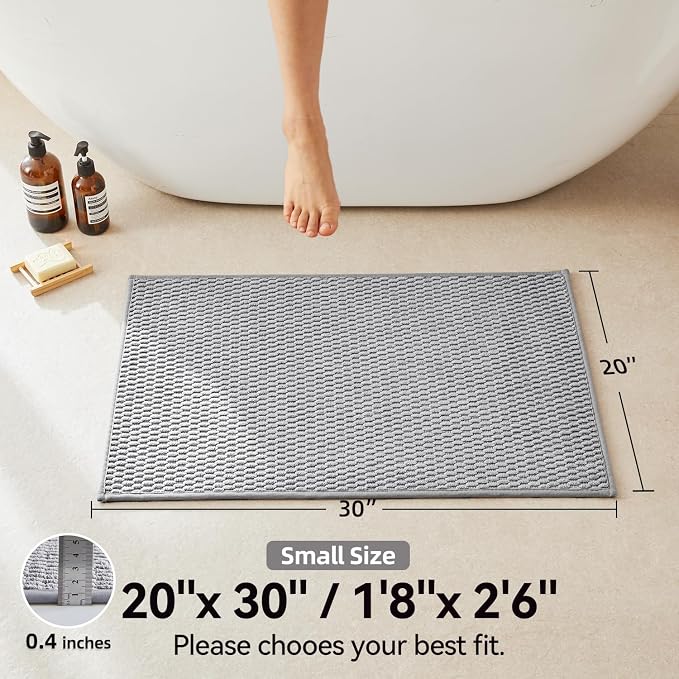 Triohero Bathroom Rugs Non Slip Washable, Super Absorbent Thin Bath Mat Small Quick Dry Low Pile Bathroom Rug, Light Grey 20x30