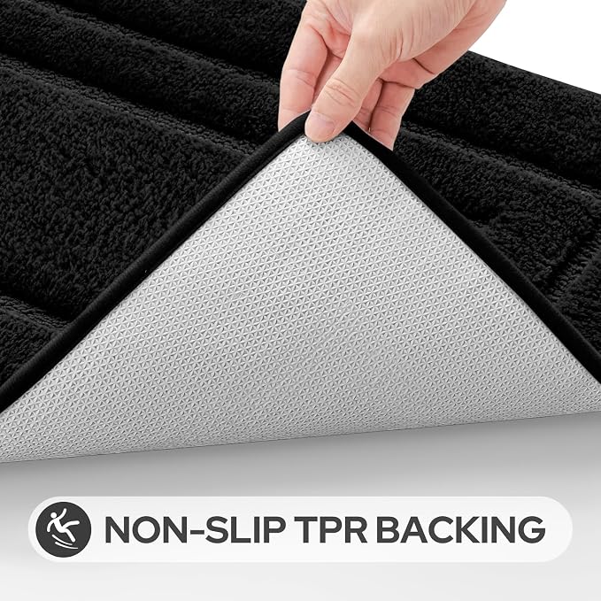 HOMEIDEAS Bathroom Rugs Sets 2 Piece, Super Soft and Absorbent Non Slip Microfiber Machine Washable Bath Mat Set (20" x 47" + 16" x 24", Black)