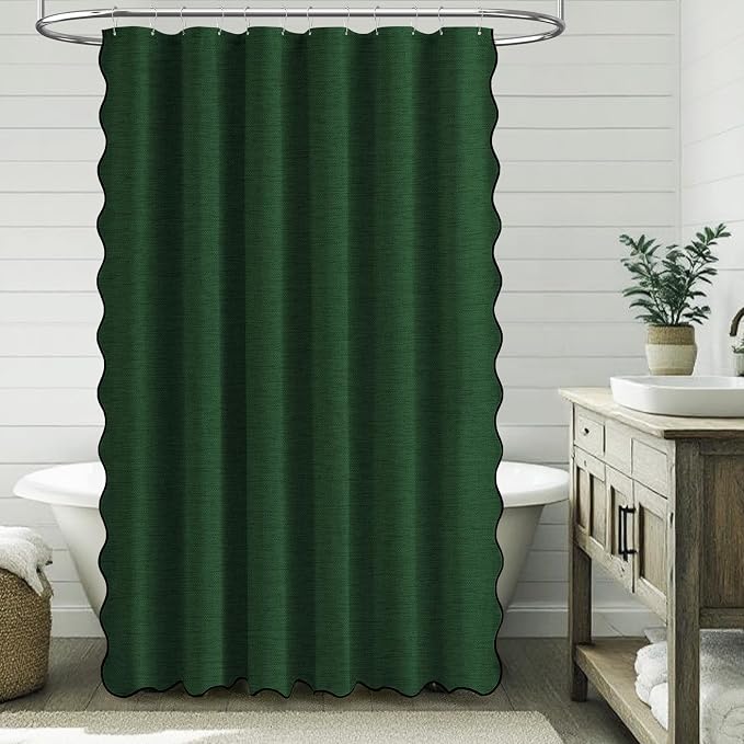 Boho Scalloped Linen Textured Cloth Shower Curtain Set, 72x84, Emerald | Tall Size, 230GSM Waterproof Polyester, Heavy Duty Fabric, 12 Plastic Hooks, Elegant Modern Farmhouse Style, Machine Washable