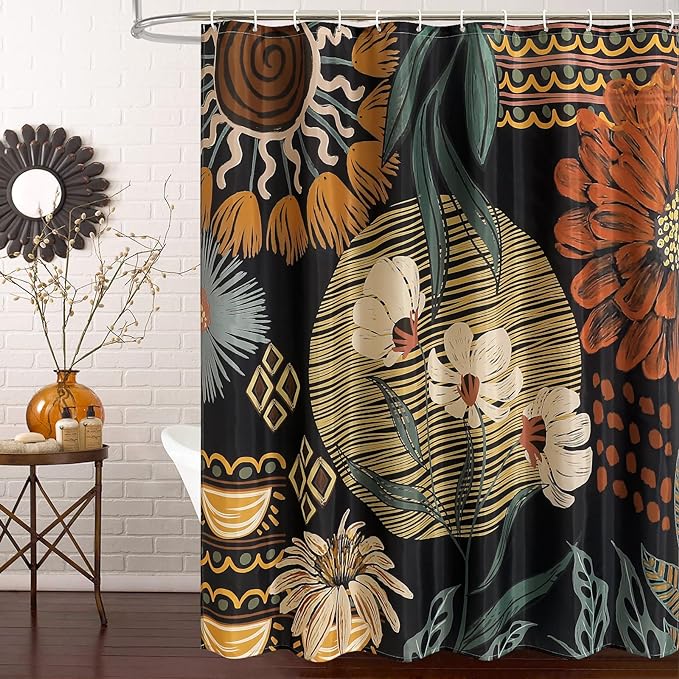 MitoVilla Long Boho Shower Curtain Set 72 x 78, Floral Rustic Shower Curtains 78 inch Long for Vintage Bathroom Decor, Abstract Fabric Botanical Bathroom Shower Curtain