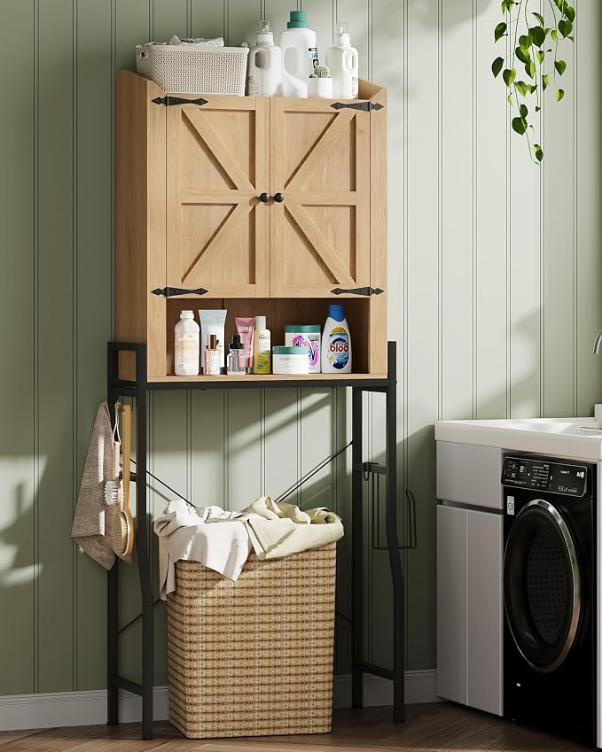 Over The Toilet Storage Cabinet with 2-Door & Metal Stand, Wood | Toilet Paper Holder, 3 Extra Hooks, Anti-Tipping Device, With Adjustable Shelves, for Bathroom, Restroom, Laundry