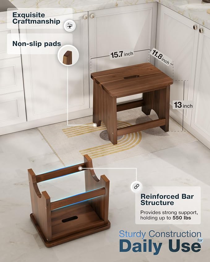 FANATU 13'' Wooden Step Stool, One Step Stool for Adults, 550lbs Capacity | Non-Slip, Durable Step Stool With A Wide Comfortable Platform For Multipurpose Use, Bed Steps For High Beds For Adults