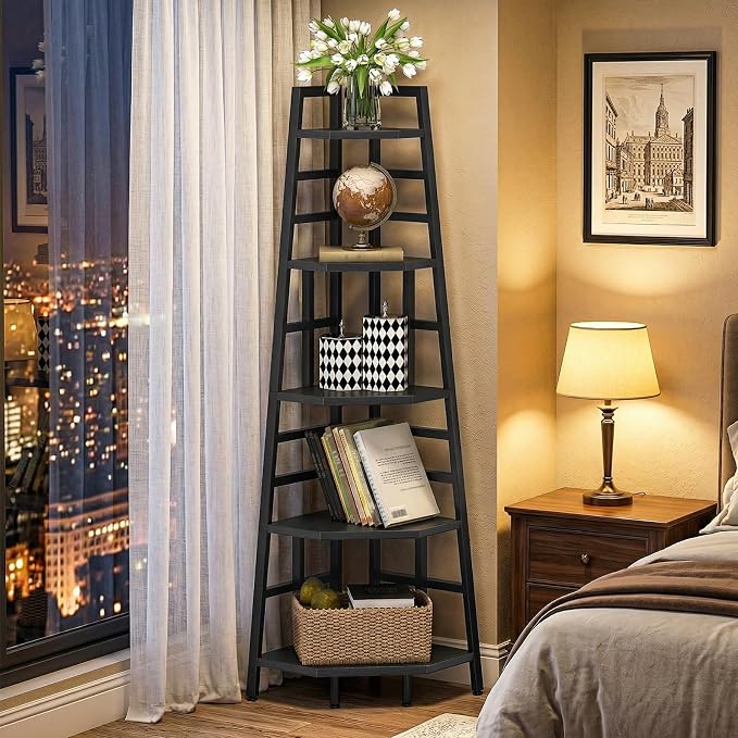 70.1-Inch 5-Tier Tall Corner Shelf, Narrow Bookshelf for Small Spaces, Industrial Bookcase Display Stand for Living Room, Bedroom, Office, Black TCJ25BB