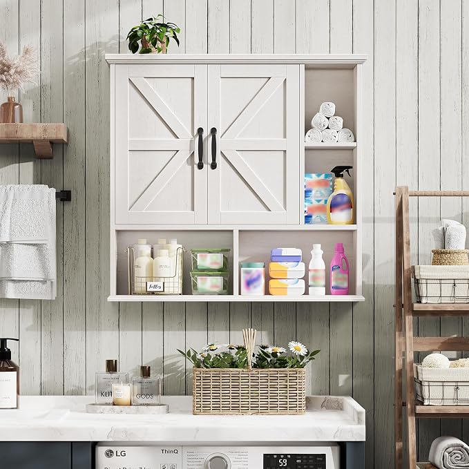 Bathroom Wall Cabinet, Farmhouse Medicine Cabinet with Doors, Rustic White | Over The Toilet Storage Cabinet with Double Barn Door and Adjustable Wood Shelf for Wall Mounted for Bathroom Laundry Kitchen