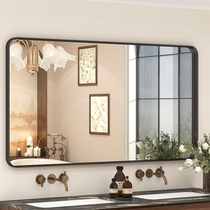 55x30 Inch Black Framed Bathroom Mirror for Wall, Large Matte Metal Framed Wall Mirror, Black Rectangle Bathroom Vanity Mirror, Anti-Rust, Shatterproof (Horizontal/Vertical) | Large Matte Metal Framed Wall Mirror, Black Rectangle Bathroom Vanity Mirror...