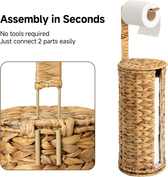StorageWorks Toilet Paper Holder Stand with Covered, Toilet Paper Stand | Wicker bathroom accessories for 4 Rolls with Cloth Lining, Tissue Holder for Bathroom Decor with Shelf, Water Hyacinth