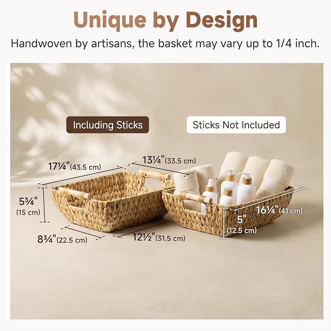 StorageWorks Hand-Woven Storage Baskets with Wooden Handles, Water Hyacinth Wicker Baskets for Organizing, 2 Pack | Wicker Storage Baskets For Shelves, Baskets With Wooden Handles, 2-Pack Gifts Basket For Home Decor, Hand-Woven Basket