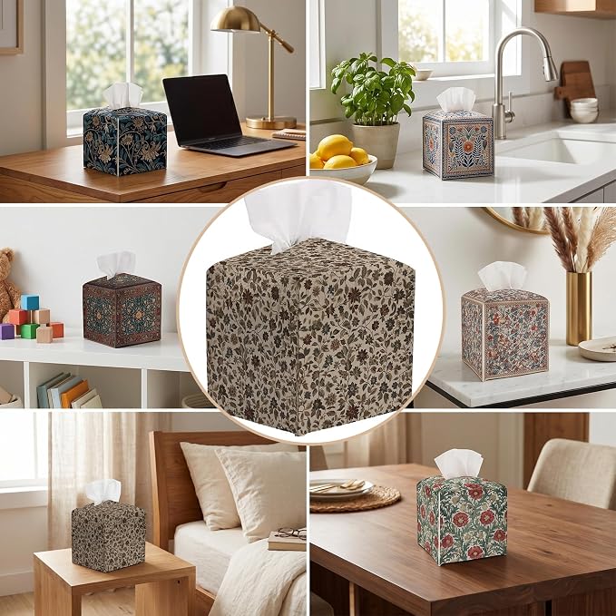 Tissue Box Cover Holder Square - Vintage Boho PU Leather Decorative Organizer, Ethnic Carpet Pattern Design Inspired, with Bottom Belt for Bathroom Car Office Tabletop Home, 5x5 Inch (Brown)
