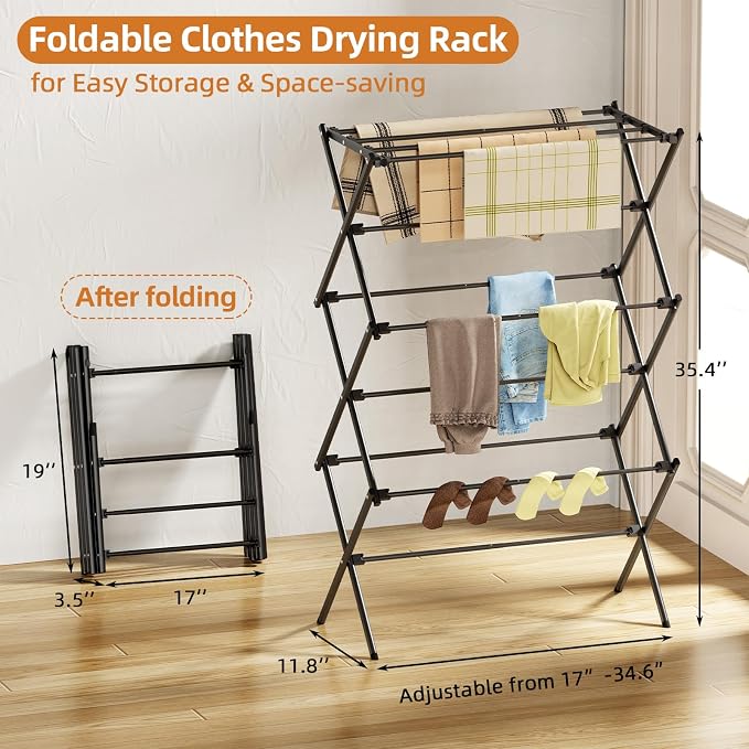 Drying Rack Clothing, 3-Tier Clothes Drying Rack Foldable, Antirust Laundry Drying Rack Collapsible Use for Indoor & Outdoor, 11.8" D x 34.6" W x 35.4" H, Black
