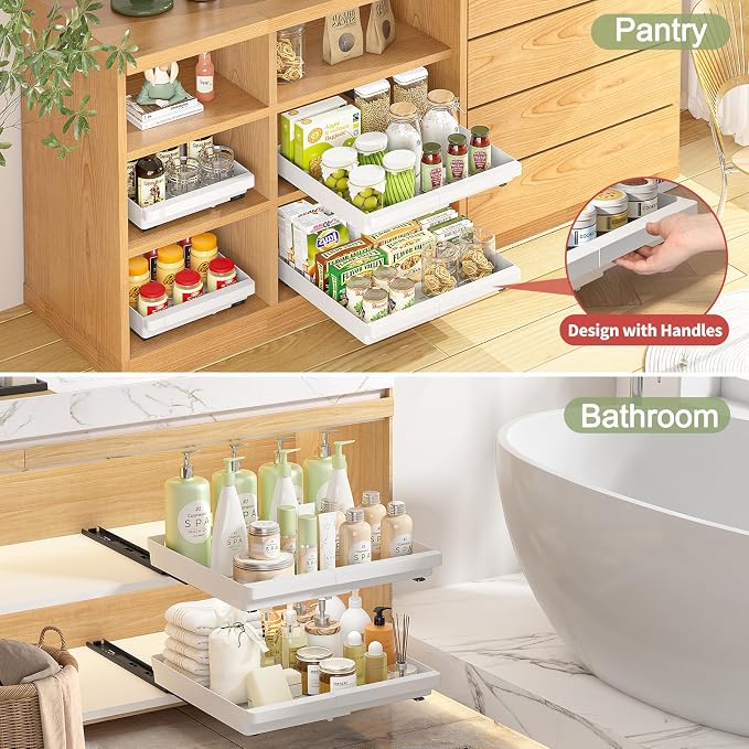 DOMNIU Pull Out Cabinet Organizers Expandable,White,16.9" Depth,4 Pack | Slide Out Drawers for Kitchen, Bathroom, Pantry, Under Sink Storage, Fixed with Adhesive Nano Film (11.6''-17.5'')