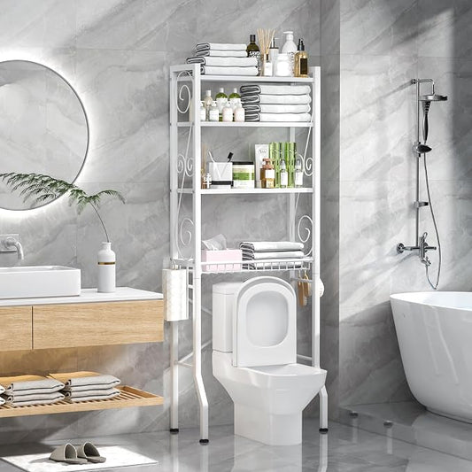 Aduanbang 4 Tier Over The Toilet Storage Rack, Bathroom Organizer Shelf with Basket, Adjustable Shelves, Freestanding Space Saver for Small Bathrooms (White)