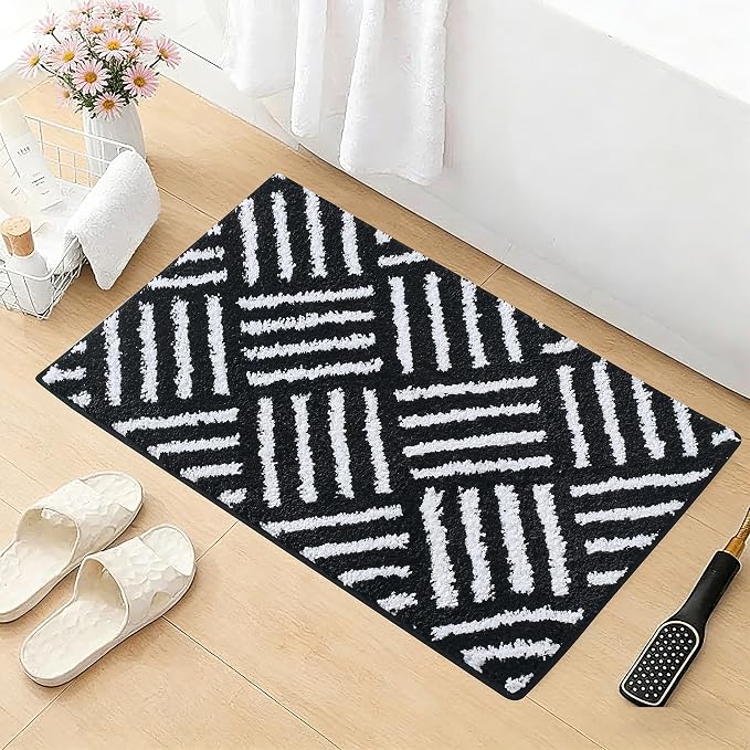 ORTIGIA Striped Black Bathroom Rugs Non Slip Washable, 20x30 Quick Dry Absorbent Soft Plush Microfiber Bath Mats, Bath Rugs for Bathroom Floor Carpet for Sink Bedroom