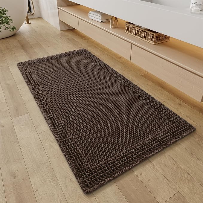 RESARE Waffle Bathroom Runner Rugs, Non Slip Boho Bath Mat 24x48 Dark Brown | Long Absorbent Bathroom Floor Mats Machine Washable Quick Dry, Soft Solid 2'x4' Bath Rugs with Tassels, Ideal Farmhouse Decor