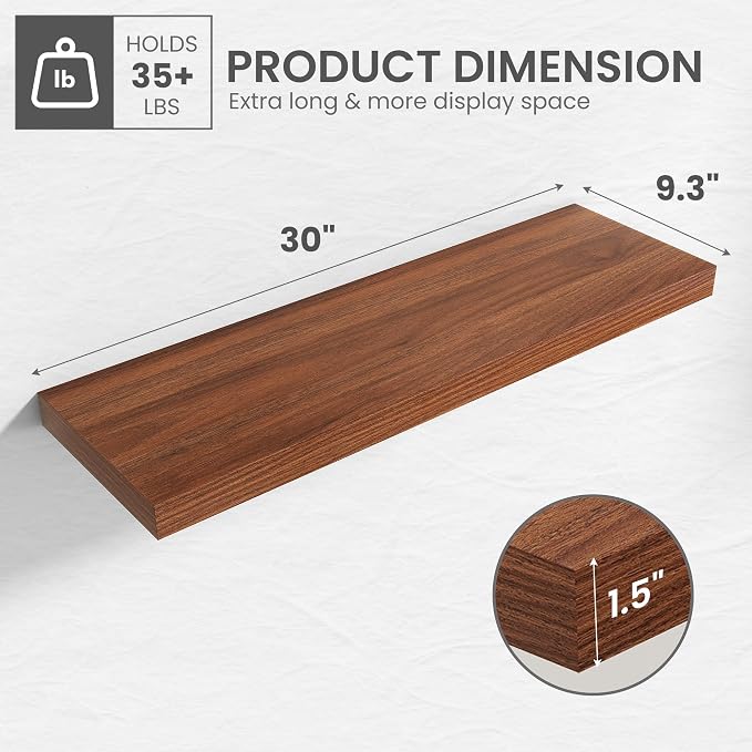30 in Floating Shelves for Wall Decor Color Walnut,Pack 2 | Modern floating shelves for living room,bedroom,kitchen and bath.Organize & display books,photos and decor.easy mount,sturdy.