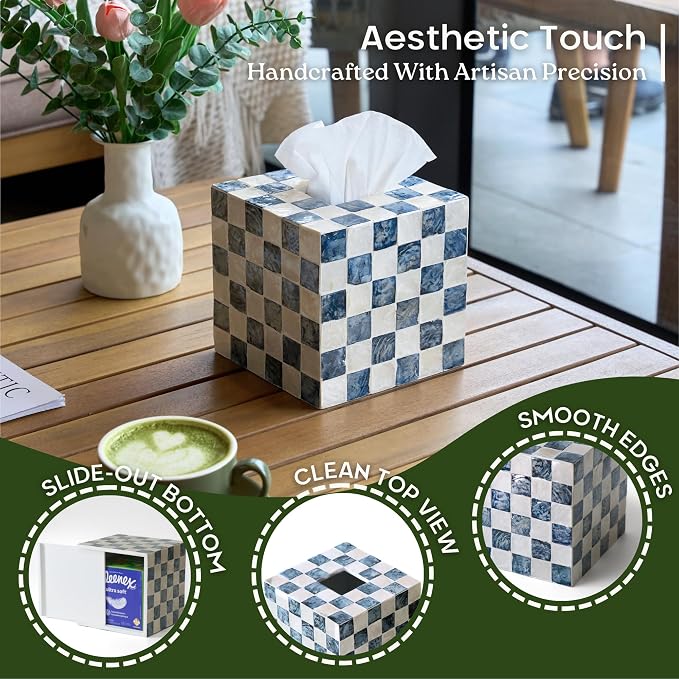 5.5" Capiz Square Tissue Box Cover, Cube Tissue Holder, Navy | Bottom Slider, Checkered Pattern, Navy Blue Tissue Box Cover For Kleenex, Decorative Tissue Box Cover, Bathroom Accessories