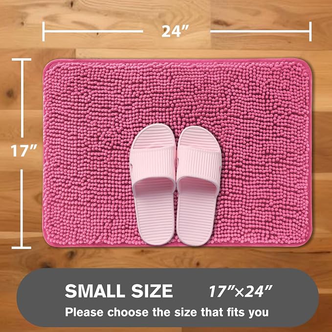 Hot Pink Bathroom Rugs – Absorbent and Washable Bath Mat, Non-Slip, Thick Soft Chenille Bath Rugs for Bathroom Floor, Shower, Sink - 17" x 24"