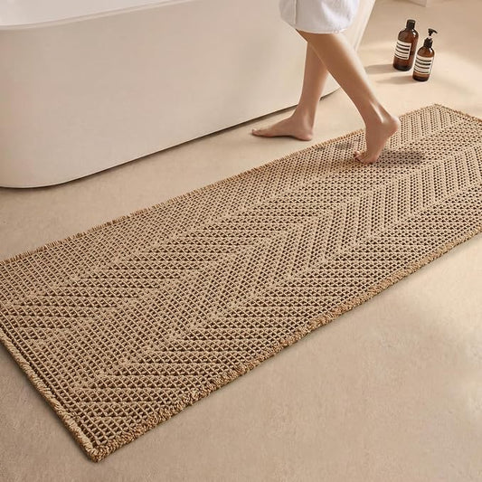 Sunfly Bathroom Runner Rug,Boho Herringbone Waffle Bath Mat Non-Slip Washable Super Absorbent Quick Dry, Farmhouse Bath Mat for Bathroom Floor Decor 24"x72" Khaki