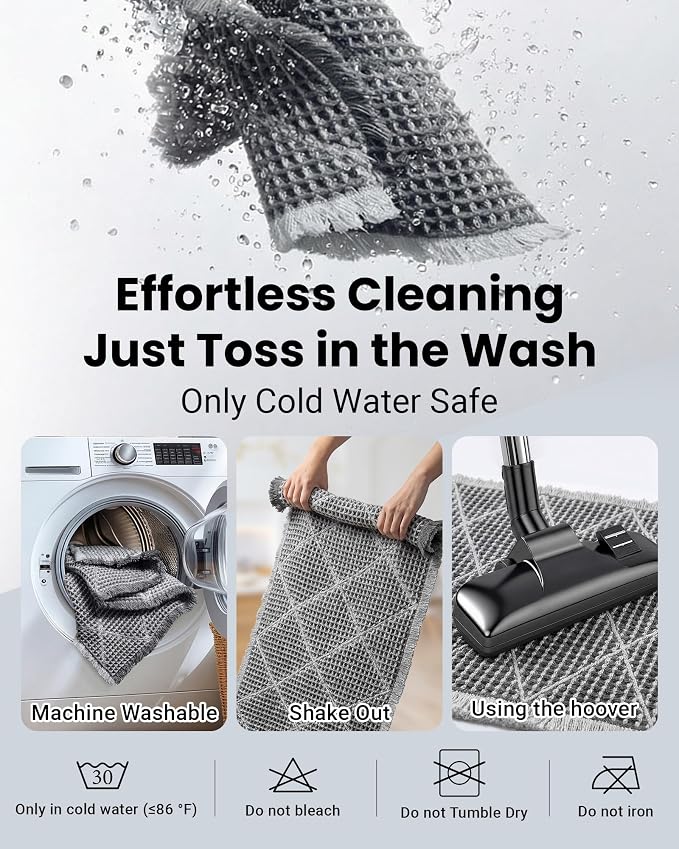 Waffle Bath Mat Set, Non Slip Bathroom Rugs 2 Piece, Gray & Light Gray | Ultra Absorbent Long Bath Rug Runner for Bathroom Boho Chic Decor, Machine Washable Floor Mats, 20"×47" Plus 18"×30"