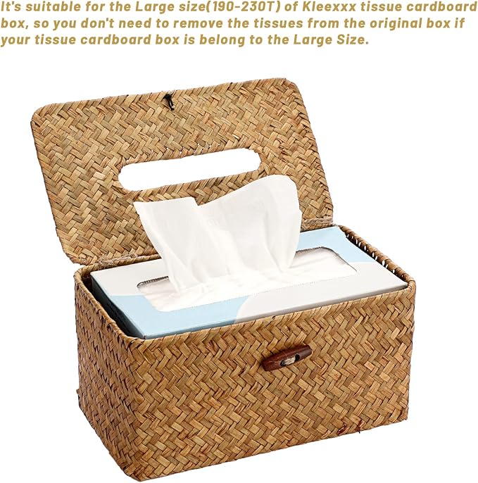 Sumnacon Large Tissue Box Cover Rectangle Seagrass Tissue Holder,Caramel | Decorative Tissue Box Cover Rectangular with Lid for Bathroom Woven Tissue Box Holder for Home Office Table Fits Up to 230T