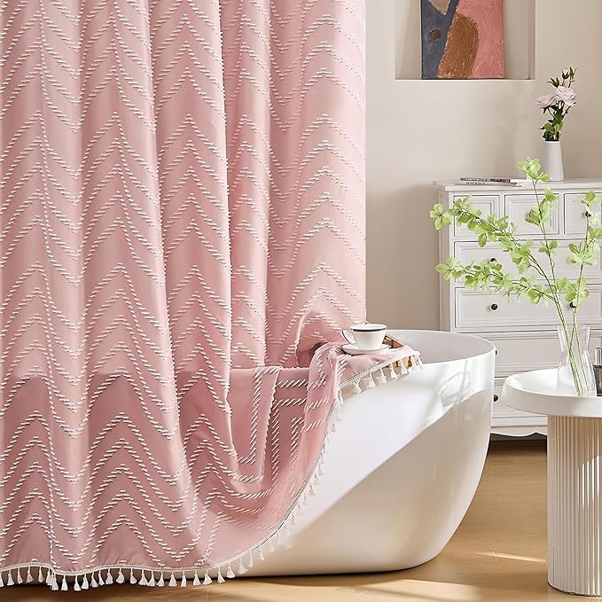 Siiluminisoy Extra Long Pink Shower Curtain with Tassel, Woven Fabric 90 in, Tufted Chevron Striped, 72 x 90, Modern Chic Textured Minimalist Bathroom