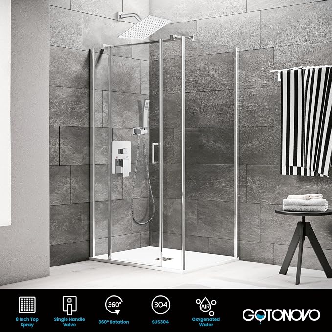 gotonovo Shower Faucet Set with Handheld Spray Polished Chrome,8'' Head | SUS304 Rainfall Shower Head and Handle Set System Fixture,Pressure Balance Valve Trim Kit,Single Handle,Wall Mount,All Metal