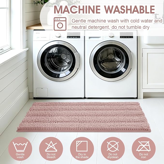 Striped Dusty Pink Toilet Bathroom Rug Mat Set 2 piece Rug Ultra Soft, Non Slip Chenille Bath Rugs, Absorbent Plush Shaggy Bath Mats for Bathroom, Bedroom, Kitchen, Shower, Tub