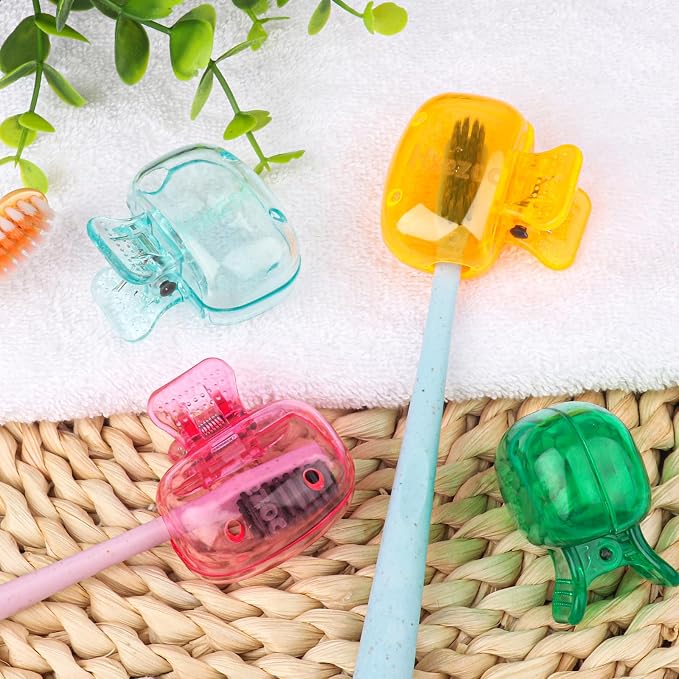 Hxezoc 4 Pack Toothbrush Covers Toothbrush Holders Toothbrush Protector Cap Brush Pod Case Portable Plastic Clip for Household Travel, Bathroom, School, Camping, Business (Green, Teal, Orange, Pink)