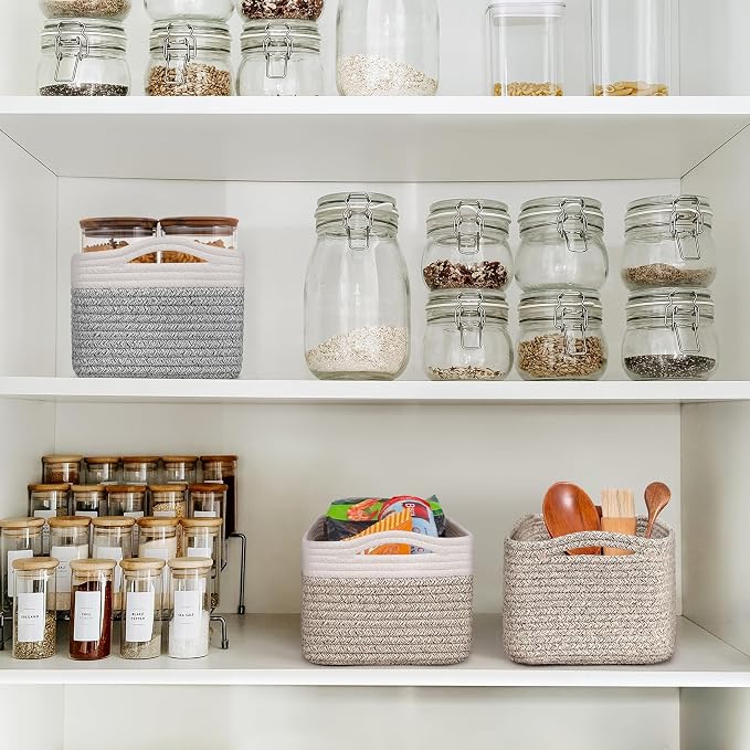 Goodpick 3-Pack Cotton Rope Baskets for Shelves, 13 x 8 x 5 in | Rope Baskets for Shelves, Closet Organizer Bins,Empty Baskets for Gifts, Woven Basket for Living Room, White & Brown