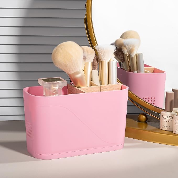 Toothbrush and Toothpaste Holder, 4 Slots, Pink | Bamboo Dividers, Kids Electric Tooth Brush Organizer for Bathroom Countertop Accessories Storage