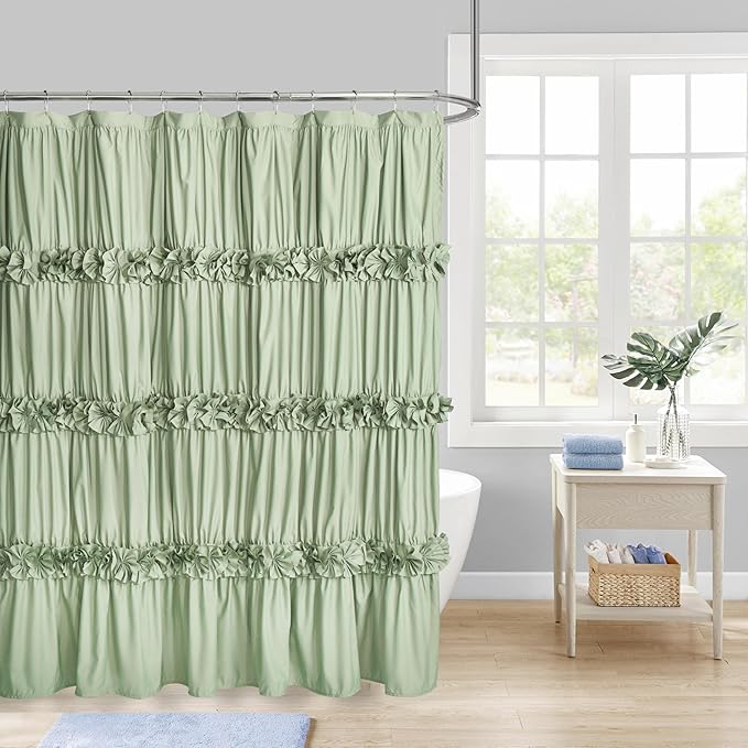 Sage Ruffle Shower Curtain, Handcrafted Bow Tie | Vintage Bath Curtain for Master Bathroom, Ruched Microfiber Bathroom Curtain with 12 Buttonholes, 72" W x 72" H (LQ-10)