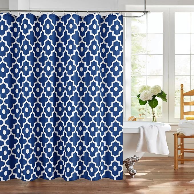 Biscaynebay Textured Fabric Shower Curtains for Bathroom 72" X 72", Indigo Morocco Pearl Printed Linen Shower Curtain Machine Washable