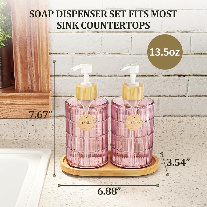 MASADI Soap Dispenser Set with Bamboo Tray, Dish and Hand Soap Lotion Dispenser Set with Wooden Pump for Kitchen and Bathroom Decor for Counter, Modern Vintage Liquid Soap Dispensers (Pink&Bamboo)