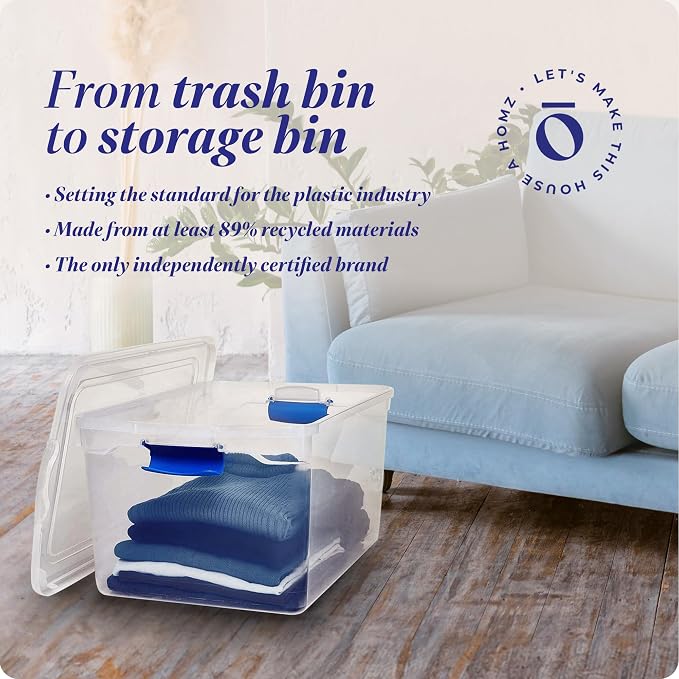 HOMZ Clear Plastic Storage Bins w/Latching Lid, 66 Qt, Blue Latch, 2 Pack | Large Stackable Container Boxes for Homes, Bathrooms, Garages, and Office Organization
