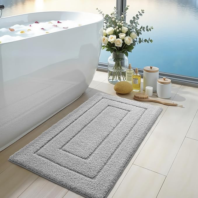 DEXI Bathroom Rugs 36x24, Non-Slip and Absorbent Bath Mat, Light Grey | Machine Washable, Soft Plush Microfiber Bathmat with Rubber Back, Quick Dry Rug for Shower, Tub, Sink