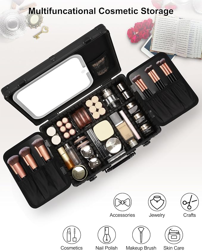 Relavel Makeup Case, Makeup Bag with LED Mirror Makeup Organizer Large Cosmetic Bags Travel Train Case for Women, Portable Vanity Makeup Box with Rechargeable Light up Mirror and Adjustable Dividers
