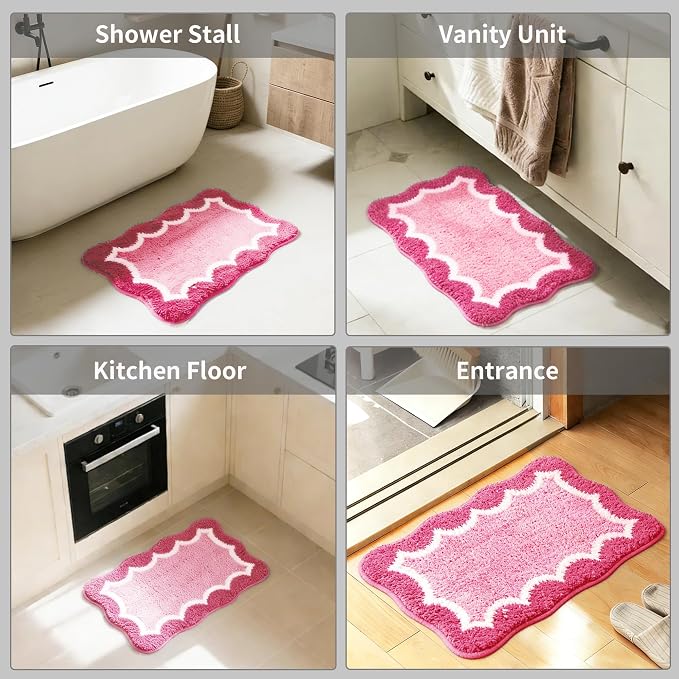 Cute Scalloped Rose Pink Small Bathroom Rugs Mat,Non Slip Absorbent Quick Dry Bath Mats for Shower Room,Microfiber Bath Rug for Floor Washable Carpet for Shower Tub Sink Bedroom,16"x24"