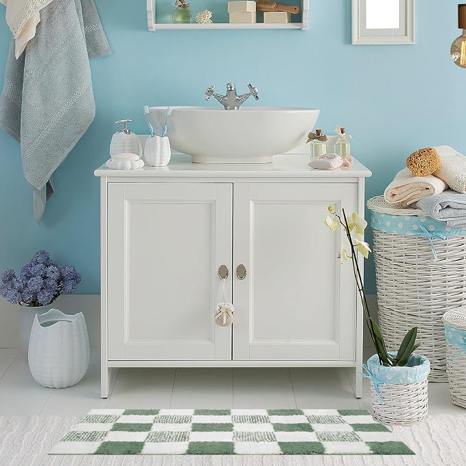 CozeCube Sage Green Checkered Bath Mat 32"x20" Non Slip Washable Rug | For Bathroom Non Slip, Fluffy Absorbent Microfiber Bath Mats Machine Wash, Stylish Cute Aesthetic Bathroom Rugs
