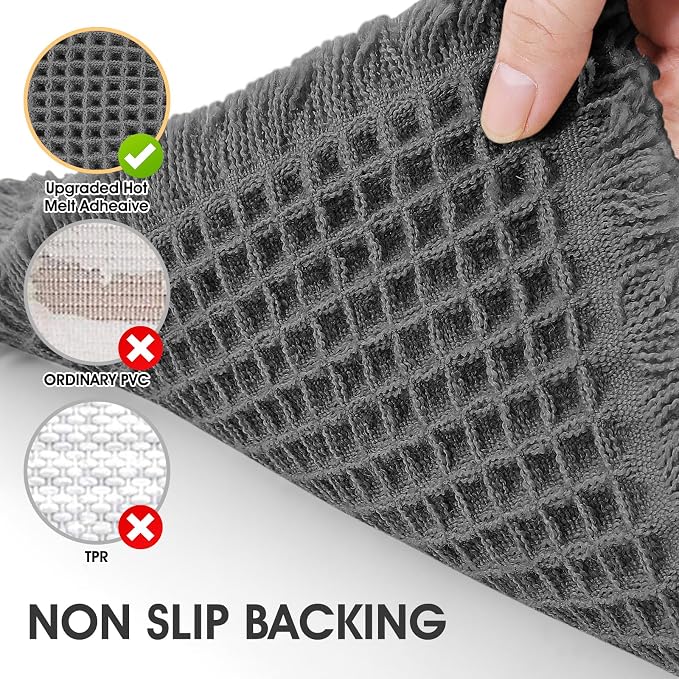 Extra Large Waffle Bath Mat Grey 6'x2'(72" x 24"), Boho Woven Modern Bath Mat Rugs, Absorbent Non Slip Bathroom Rugs, Soft Washable Bath Rugs with Tassels for Bathroom, Bedroom, Kitchen, Shower, Tub