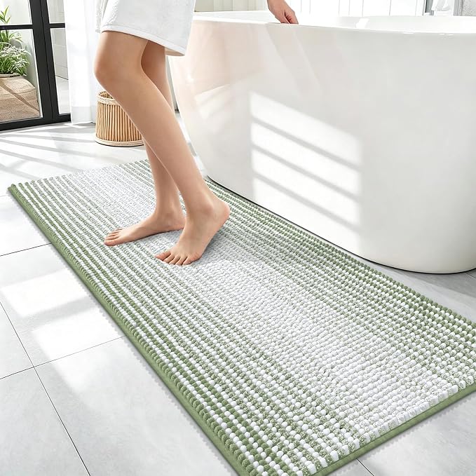 OLANLY Bathroom Runner Rugs 47x17, Chenille Striped Bath Rugs, Sage Green | Extra Soft Absorbent, Rubber Backing, Machine Wash Dry, Bath Mats for Bathroom Floor, Tub and Shower, Home Decor Accessories