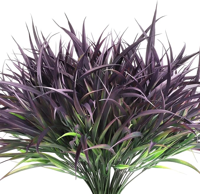 16 Pcs Artificial Plants Outdoor Fake Greenery Stems, Purple | Faux grass, UV resistant, plastic plants shrubs, autumn Thanksgiving garden pathway window farmhouse front porch home decor