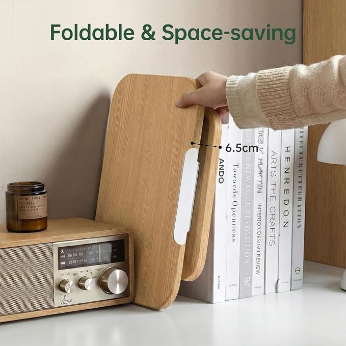 Solid Oak Wood Bookshelf, Adjustable Book Stand, 360° Rotatable Foldable Laptop & Cookbook Holder for Bedroom Office Study