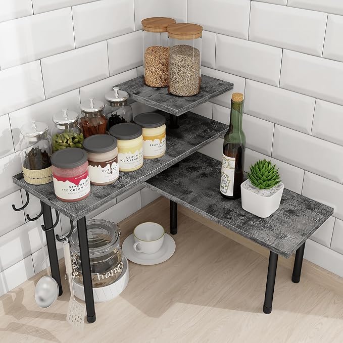Kitchen Countertop Organizer, 3 Tier Corner Shelf Bathroom Counter Organizer, Wooden Counter Shelf Stand Space Saver, Easy Assembly, Rustic Grey