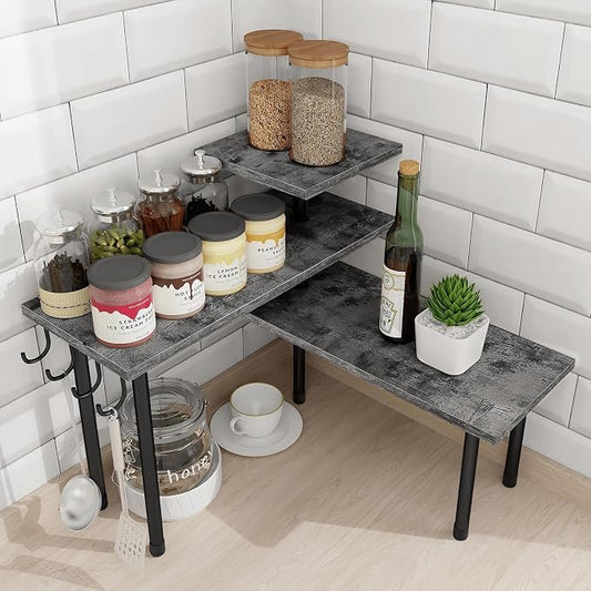 Kitchen Countertop Organizer, 3 Tier Corner Shelf Bathroom Counter Organizer, Wooden Counter Shelf Stand Space Saver, Easy Assembly, Rustic Grey