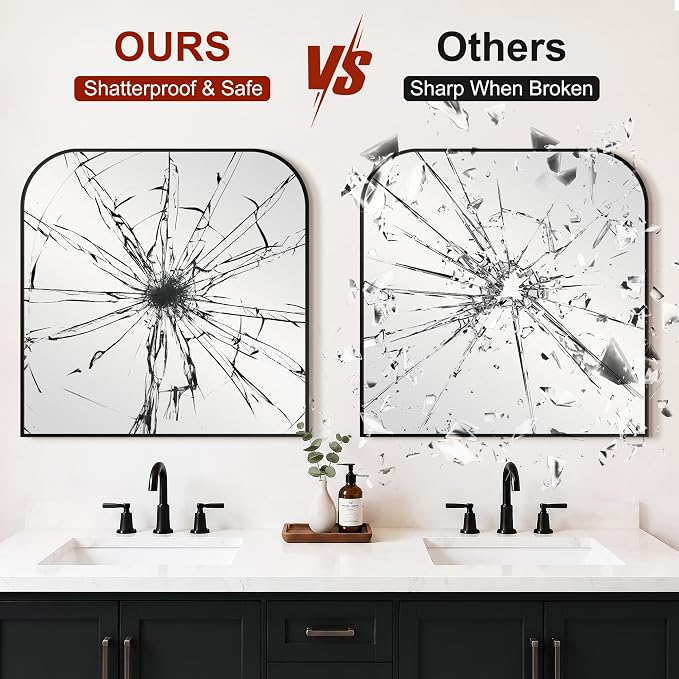 Bathroom Black Vanity Mirror for Over Sink, 30" x 30" | Metal Framed Rounded Corner, Shatterproof Glass, for Bedroom, Living room, Entryway