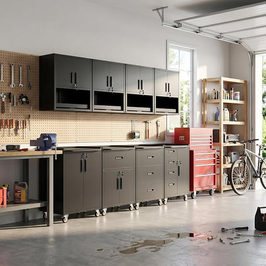 Garage Storage Cabinet System,Wall Cabinet & Locking Rolling Tool Cabinet with Doors and Adjustable Shelves